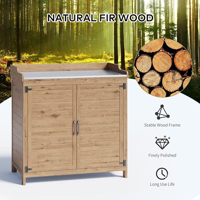 Gizoon Outdoor Potting Bench with Metal Tabletop, Outdoor Garden Patio Wooden Storage Cabinet with Adjustable Shelf, Double Doors Garden Work Bench for Backyard, Patio, Lawn - Natural