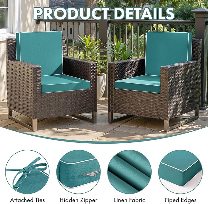 MIULEE Turquoise Outdoor Chair Cushions Set of 4, 18.5x16x3 Inch Waterproof Patio Seat Cushions for Outdoor Furniture Couch Sofa, 3 Year Color Fastness High Density Foam with Adjustable Ties