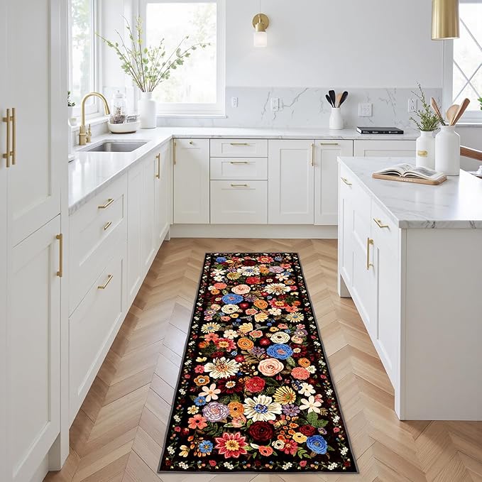 Rug for Hallways Kitchen Rug 3x7, Non Slip Washable Rugs with Rubber Backing Soft Floral Carpet Runner for Hallways, Kitchen, Laundry, Bedroom, Bathroom(3 x 7, Black Garden)