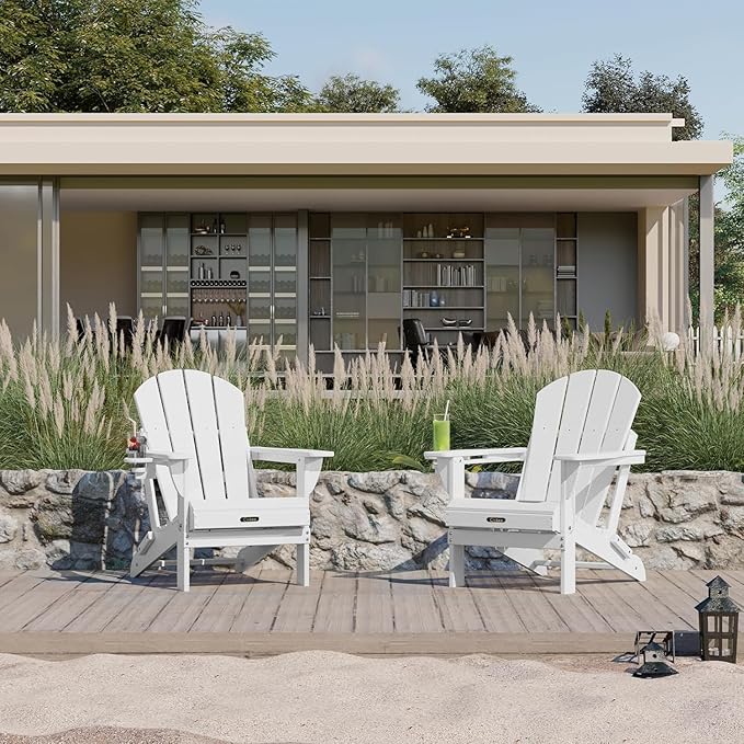 Ciokea Folding Adirondack Chair 6 Pack, Patio Adirondack Chair Weather Resistant, Plastic Fire Pit Chair with Cup Holder, Lawn Chair for Outdoor Porch Garden Backyard Deck (White)