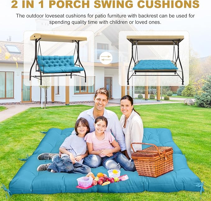 60" Porch Swing Cushion with Backrest, Waterproof Outdoor Bench Swing Cushions 3 Seater Replacement Thickened Swing Cushions with Ties for Patio Garden Backyard,Sky Blue,60x40in