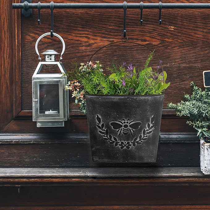 CVHOMEDECO. Farmhouse Wall Mount Metal Flower Pots Rustic Galvanized Bee Flower Holder Wall Hanging Pocket Planter for Indoor, Outdoor and Wall Decor, Set of 2 (Matt Black)
