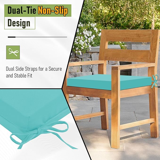 Basic Beyond Outdoor Chair Cushions Set of 4, Square Corner Outdoor Cushions for Patio Furniture, Water Resistant Patio Chair Cushions with 2 Ties, 18.5x16x3, Teal