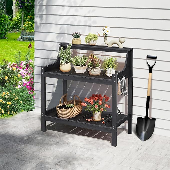 ONBRILL Potting Bench, HDPS Potting Bench with 4 Side Hooks, All-Weather Garden Table Work Station, Outdoor Potting Table for Porch, No Rust, No Fade, No Break, 360lbs Capacity (Black, Large)