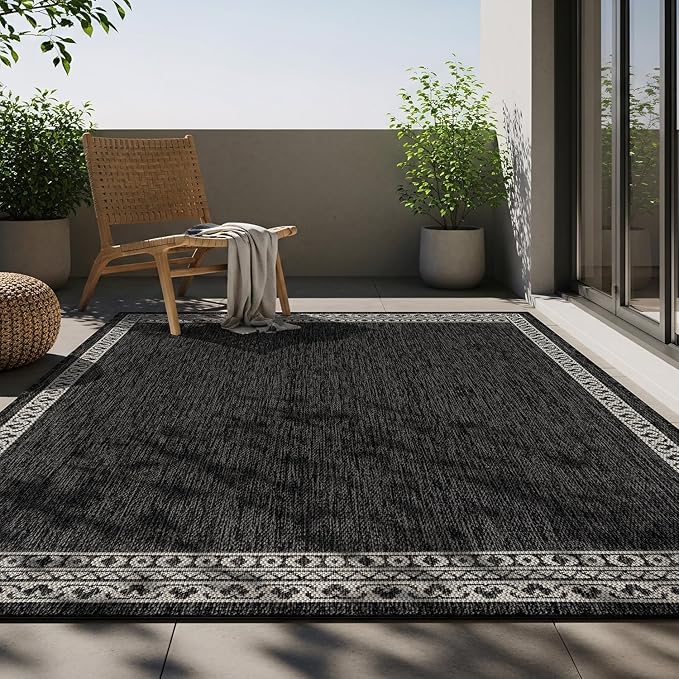 Washable Outdoor Rug 8x10 Modern Area Rugs Outdoor Carpets Bordered Pattern Non Shedding Waterproof Easy Clean Patio Deck Porch Living Room Bedroom Garden RV (8 X 10 Dark Gray)