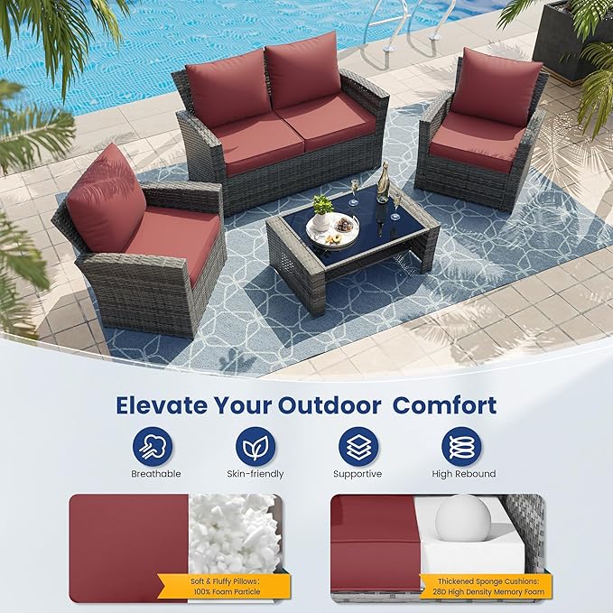 UDPATIO Outdoor Cushions for Patio Furniture, 4'' Replacement Cushions for Outdoor Furniture, 4 Seat Water-Resistant Outdoor Sectional for Sofa Couch Chair(Burgundy)
