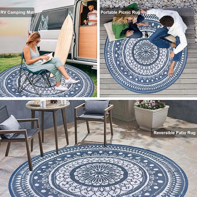 Cekene Round Outdoor Rugs for Patio 5Ft Waterproof Reversible Outdoor Patio Rugs Blue Lightweight Plastic Straw Rugs Portable RV Camping Mat Floor Carpet for Deck Porch Picnic