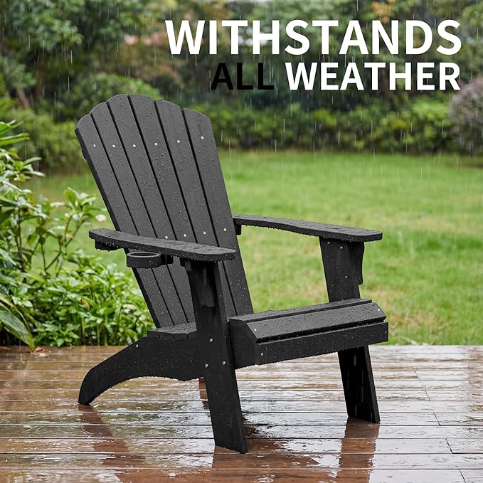 Psilvam Adirondack Chair, Oversized Poly Lumber Fire Pit Chair with Cup Holder, 350Lbs Support Patio Chairs for Garden, Weather Resistant Outdoors Seating, Relaxing Gift for Father & Mother (Black)