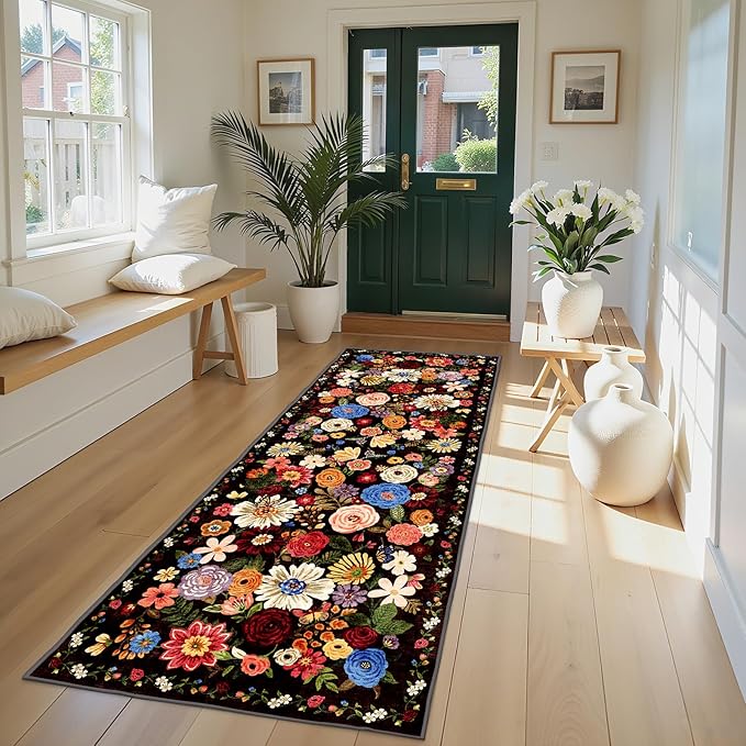 Black Rug for Hallways Kitchen Rug 2x8, Non Slip Washable Rugs with Rubber Backing Soft Floral Carpet Runner for Hallways, Kitchen, Laundry, Bedroom, Bathroom (2 x 8, Black Garden)