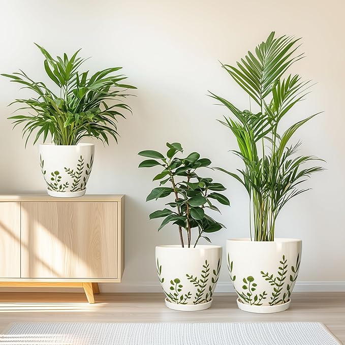 Ceramic Pots for Plants - 10+8+6 Inch Planters for Indoor Outdoor Flowers, Boho Round Decorative Flower Pots with Drainage Holes and Saucers, Home Decor, Gifts for Plant Lovers, Set of 3, White