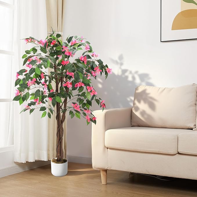 4FT Artificial Bougainvillea Tree, Faux Silk Bougainvillea Plant in Pot, Indoor Outdoor Decor, Potted Faux Flower Tree for Home Office Garden Living Room