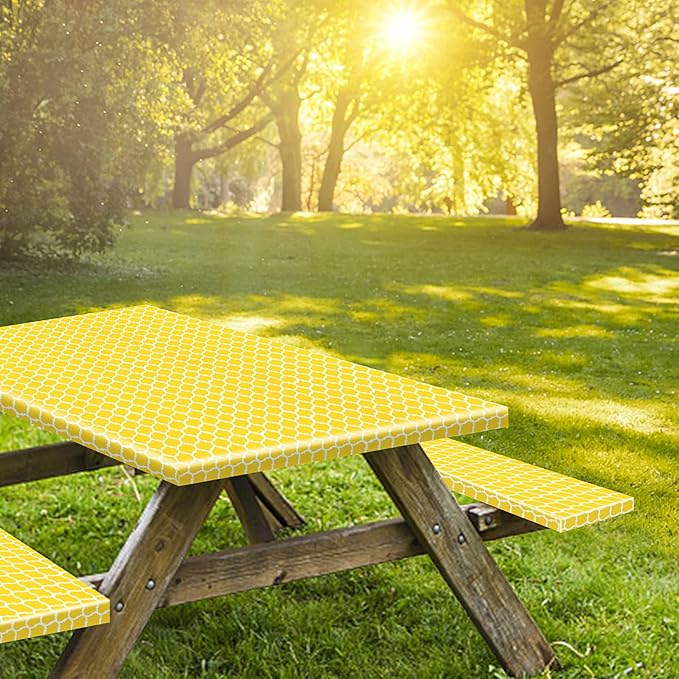 KENOBEE 6ft Picnic Table and Bench Cover, Camping Essentials RV Gear, 72in Waterproof Windproof Outdoor Elastic All Around Tablecloth, Fitted Rectangle Tables and Seats, Yellow-White Moroccan