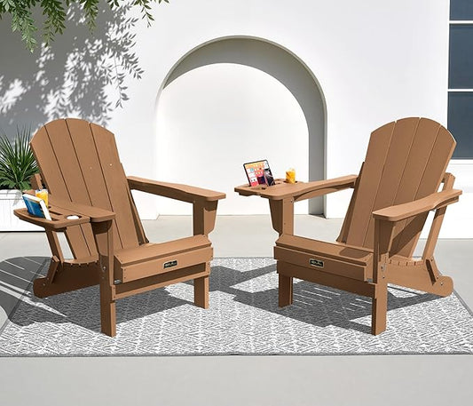 SERWALL Folding Adirondack Chair Set of 2, Outdoor Chairs with 4 in 1 Cup Holder, Wood Texture Adirondack Chairs, Weather Resistant Fire Pit Chairs for Patio Deck Garden, Backyard - Brown