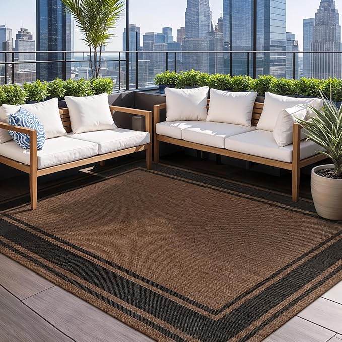 Beverly Rug Outdoor Rug 5x7 Modern Bordered Area Rugs for Indoor and Outdoor Patio Deck Porch Garden Waterproof Weather Sun Resistant Washable Outside Carpet (5 x 7 Gold)
