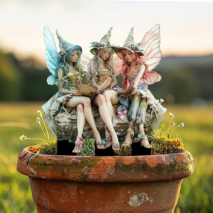 Bohemian Fairy Flower Pot Decor - Fairy Garden Accessories for Home or Garden (Reading Elf)