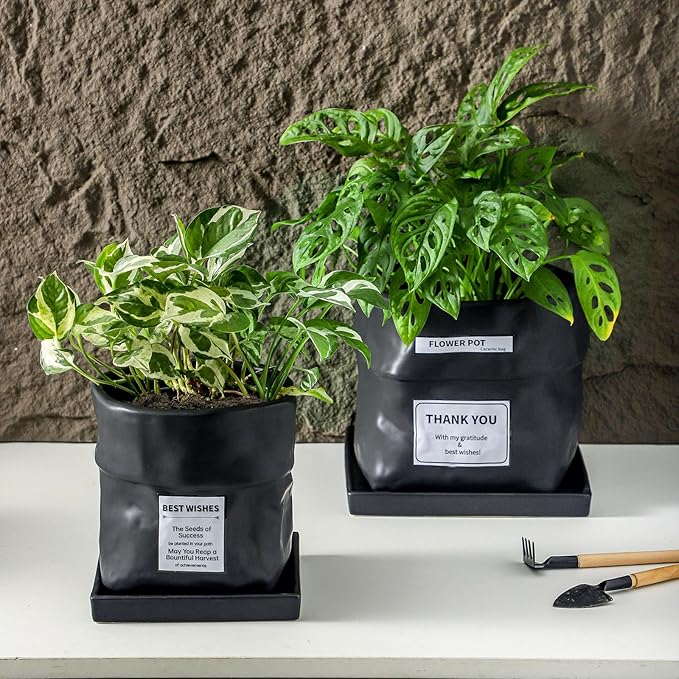 Nihow Ceramic Plant Pot: 8 Inch Planter with Drainage Hole & Square Saucer for Herbs/Plants, Bag Shape Design Flower Pot for Indoor & Outdoor Garden Decor - Black