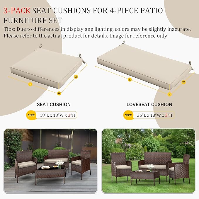 3 Pack Outdoor Replacement Cushions, Fit for 4-Seater Wicker Rattan Patio Conversation Set, 36x18x3,18x18x3, Liner & Cover