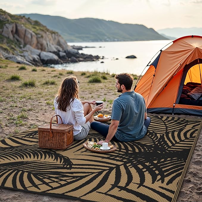 GENIMO Outdoor Rug 8' x 10' Waterproof for Patio Clearance, Reversible Plastic Straw Camping Carpet, Lightweight Mats for Rv, Backyard, Deck, Porch, Picnic, Beach, Balcony, Black & Brown