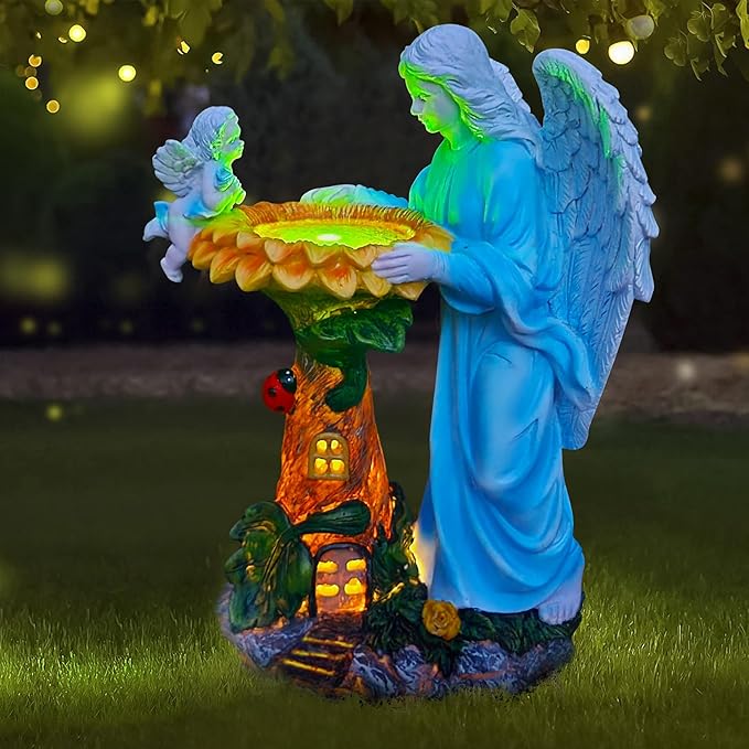Solar Garden Statue, Angel Outdoor Decor with Color Changing Light Garden Figurine Sunflower Outdoor Statue Waterproof Sculpture Lawn Ornament for Patio Backyard Christmas Birthday Present