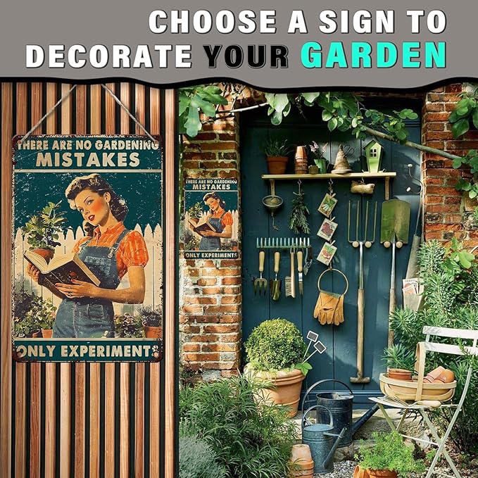 PEACHGARDEN Garden Vintage Tin Sign Metal Signs There are No Gardening Mistakes Signs for Garden Decor Fence Patio Yard Farm Lawn Decoration Sign 8x12inch