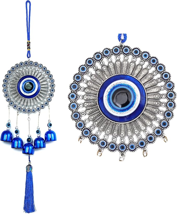 BWINKA Blue Evil Eye Hanging Decoration Ornament Metal Wind Chimes for Home Garden Gift Decoration