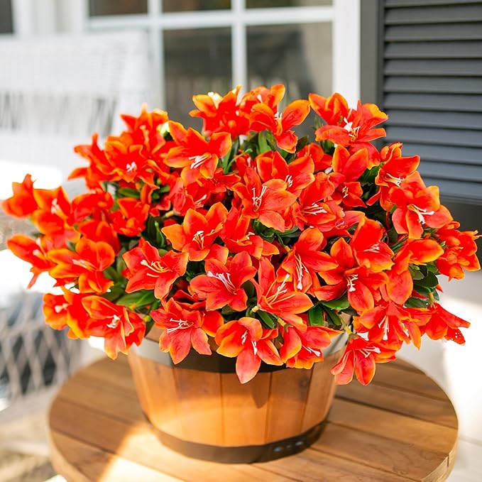INSPRING Artificial Flowers Plants for Outdoors Spring Summer Decoration, 3 Bundles Faux Silk Azalea Flowers UV Resistant Flower Look Real for Outdoor Planters Porch Patio Garden Walkways Home, Orange