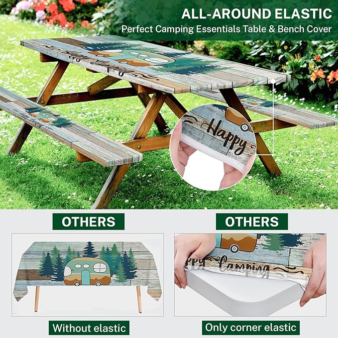 Picnic Table Cover with Bench Covers Elastic Edges, Green Camper Fitted Table Cover, Outdoor Patio Camping Essentials 72 Inch 3PCS, Waterproof Camping Fitted Tablecloth with Drawstring Bag
