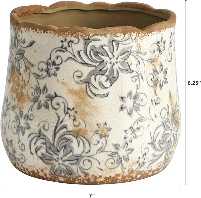 Nearly Natural 7in Ceramic Decorative Planter Tuscan Style Gray Scroll Design for Indoor Home Shelf Table Decor