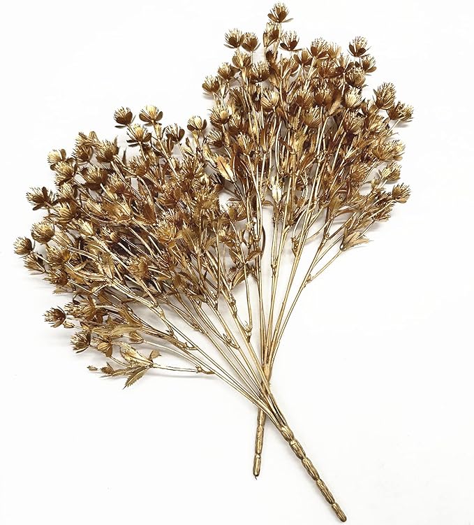 Artificial Golden Plants, Fake Baby Breath Flower Faux Gypsophila Shrubs Plastic Plant for Christmas Decor Wedding Party Indoor Home Hotel Hall Table Arrangements DIY Decoration - Gold Flowers 2 Pack