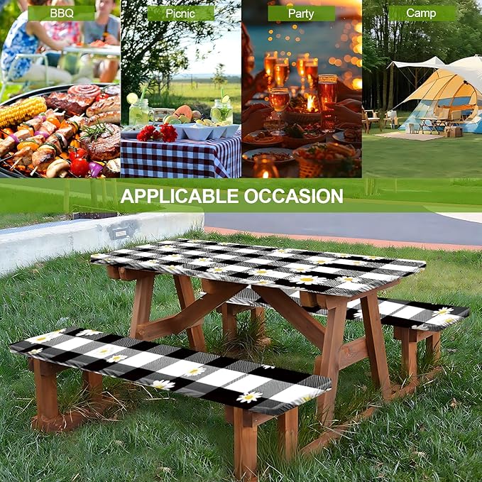 Vintage Gingham Picnic Table Cover with Bench Covers Set of 3 - Black White Check with Floral Accents, Elastic Fitted Tablecloth for 6 Ft Tables, Washable Polyester Cover for Patio, Indoor & Outdoor