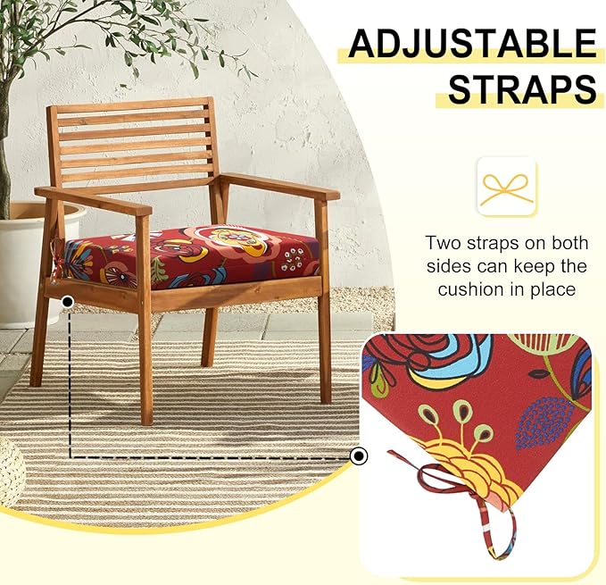 downluxe Outdoor Chair Cushions Set of 4 for Patio Furniture, Water-Resistant Square Corner Patio Chair Cushions with Ties, High Density Foam Outdoor Seat Cushion, 18.5" X 16" X 3", Sonia Scarlet