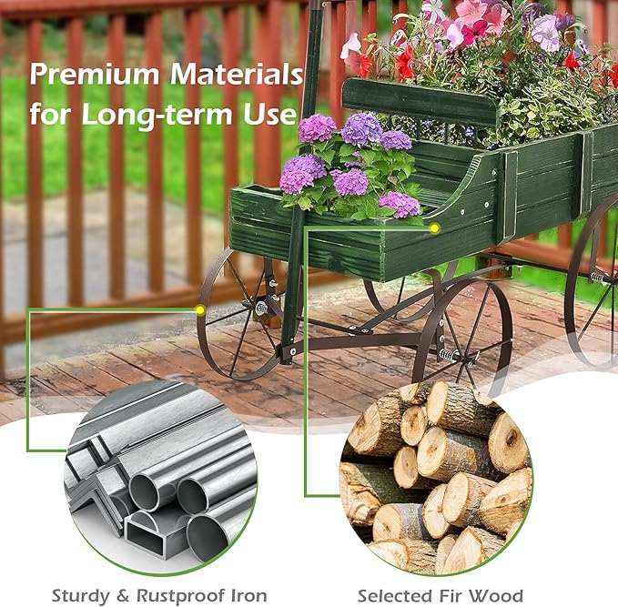 Wooden Wagon Planter with Wheels, Indoor/Outdoor Flower Cart w/Dual-Compartment & Adjustable Handle, Decorative Garden Planter for Home, Yard, Wedding (Green)