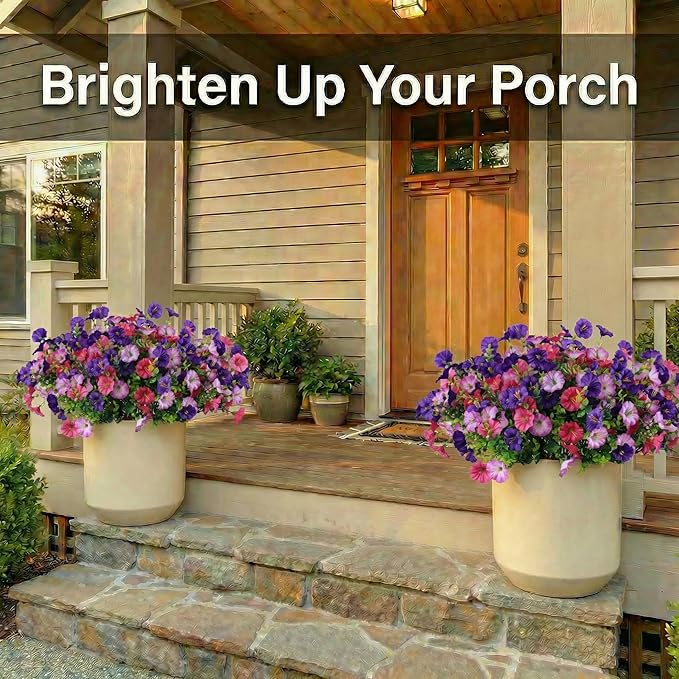 12Pcs Artificial Outdoor Flowers for Outdoors, Faux Silk Realistic Morning Glory Floral Arrangement Planter UV Resistant for Porch Patio Window Box Balcony Garden Decor (12pcs Mixed Purple)