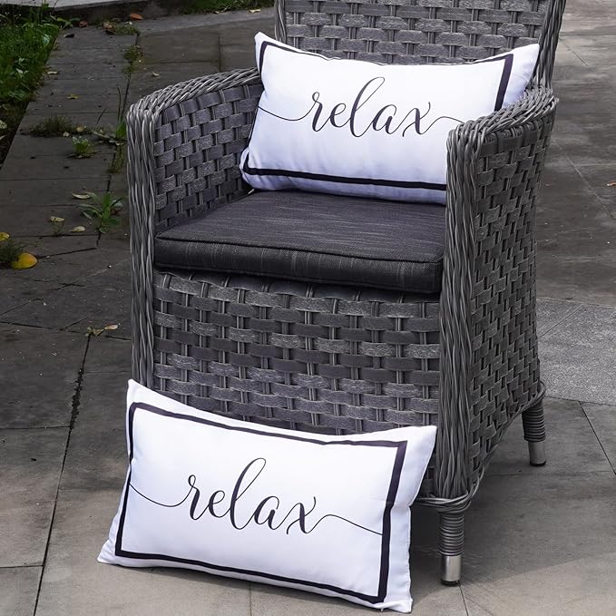 ONWAY Outdoor Waterproof Throw Pillow Covers 12x20 Set of 2 White and Black Relax Decorative Pillowcase for Patio Furniture Garden Couch Tent Balcony