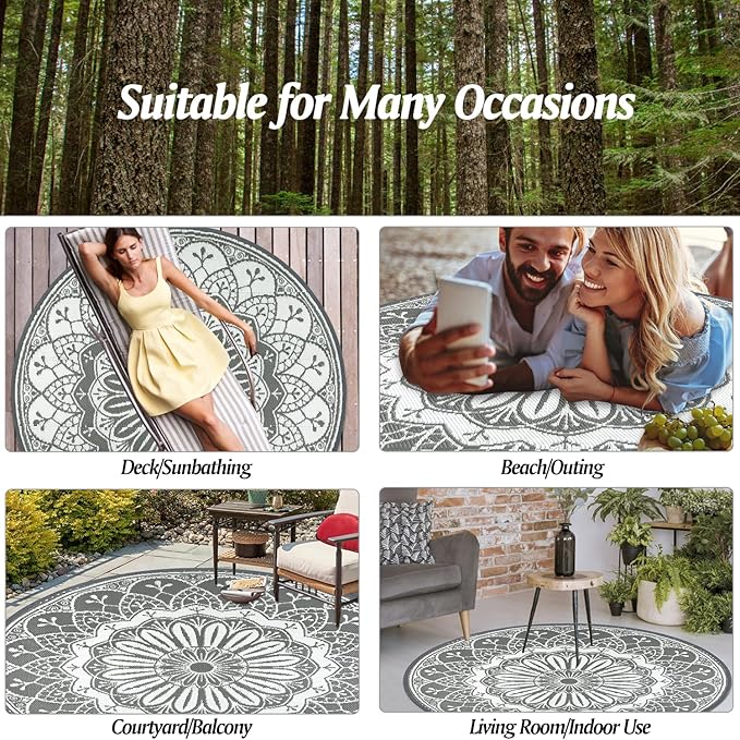 Cekene Round Outdoor Rugs for Patio 6Ft Waterproof Reversible Outdoor Patio Rugs Grey Lightweight Plastic Straw Rugs Portable RV Camping Mat Floor Carpet for Deck Porch Picnic BBQ