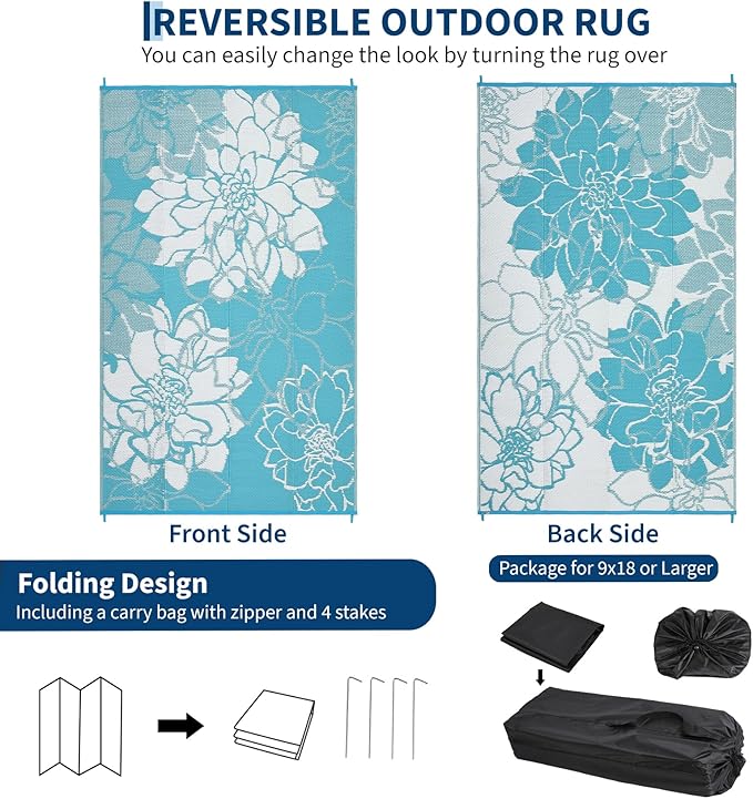 COZYLOOM Large Outdoor Rug 9x18 Waterproof Plastic Straw Rug, Reversible Patio Rugs Modern Floral Camping Mat with Portable Bag & Stakes, Foldable & UV Resistant, Outdoor Carpet for Yard Deck, Blue
