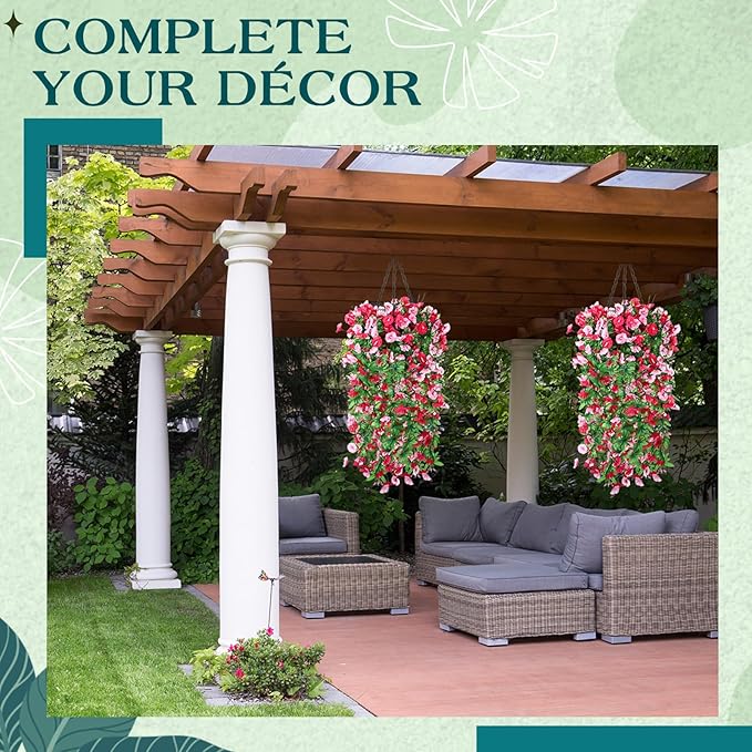 Hotop 2 Set Artificial Hanging Flower Basket and 6 Pcs Bougainvillea Silk Vine Flower for Outdoor Indoor UV Resistant Faux Hanging Plant Coconut Lining Planter Pot(Rose Red, Pink)