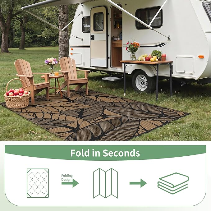 GENIMO Outdoor Rug 6' x 9' Waterproof for Patio Clearance, Reversible Plastic Straw Camping Carpet, Lightweight Mat for Rv, Camper, Deck, Porch, Picnic, Balcony, Beach, F.Black & Brown