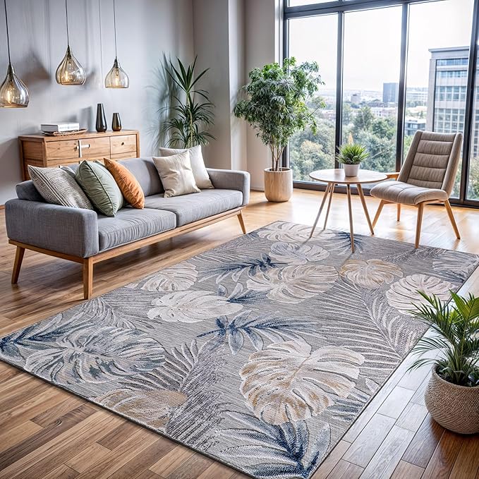 CAMILSON Indoor Outdoor Rug, Blue 5x7 Leaf Tropical Botanical Area Rugs for Indoor and Outdoor patios, Easy-Cleaning Non-Shedding Living Room, Garden and Kitchen Washable Outside Carpet (5 x 7)