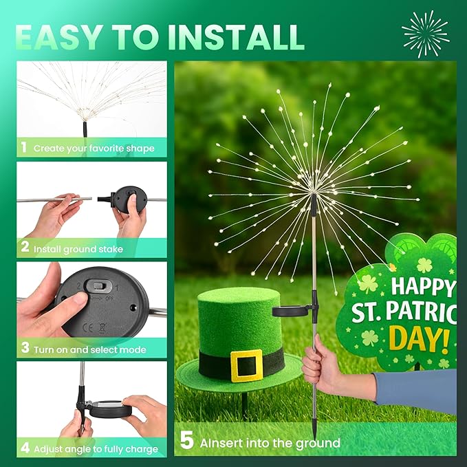 6Pack Garden Decor Outdoor Lights 120LED, Solar Garden Lights for St. Patrick's Day Outside Fairy Firework Decorative,Solar Powered for Yard Pathway Party Balcony Patio Decor (Green)