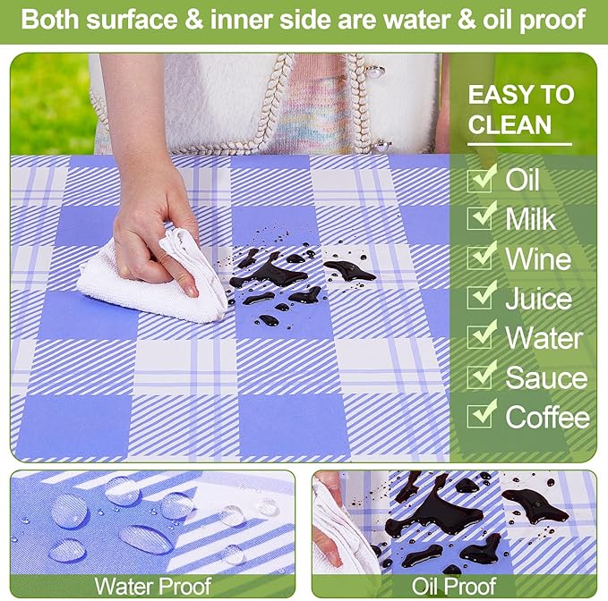 Picnic Table Cover with Bench Covers Camping Essentials Waterproof Windproof Camping Tablecloth with Drawstring Bag, Fitted Rectangle Tables and Seats, 60in, Light Blue Checkered