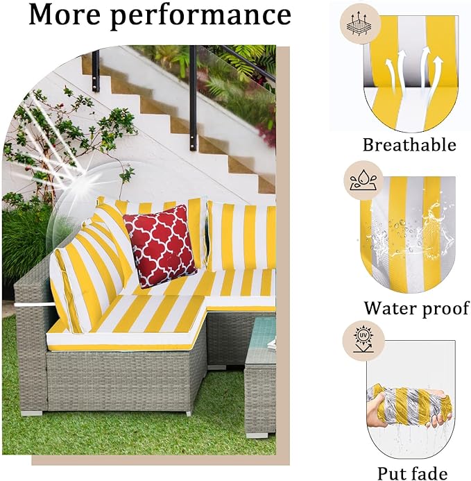14 Pieces Outdoor Sectional Replacement Cushions for Patio Furniture, 4in Thick Outdoor Sofa Cushions for 6 Seat, Waterproof Deep Seat Couch Patio Cushions Set (Bright Yellow and White)