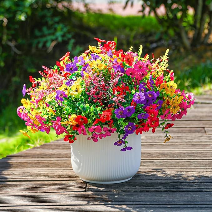 SHareconn 24 Bundles Artificial Flowers for Outdoors Decoration, Faux Plants Fake Silk Colorful Daisy Eucalyptus Lavender, UV Resistant for Outside Home Porch Indoor Spring Decor, RedRosyPurpleYellow