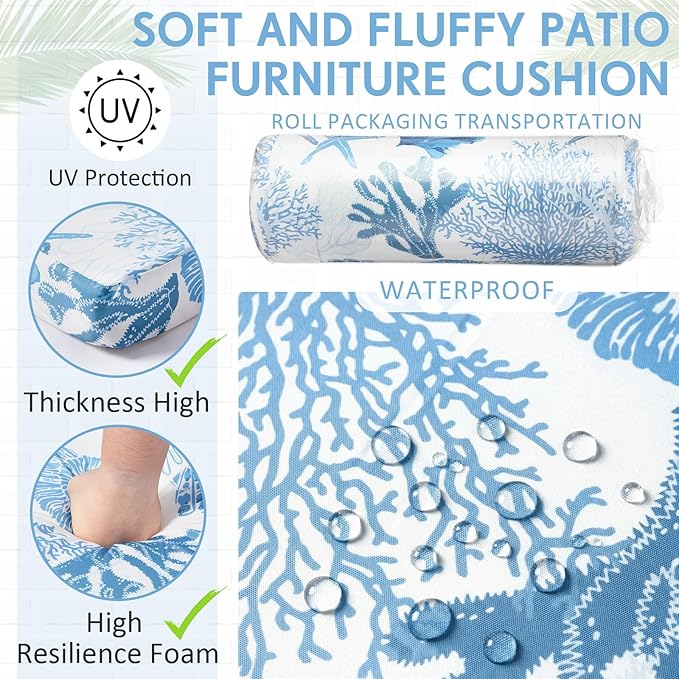 4 Pack Outdoor High Back Chair Cushion, 44 x 20 inches Patio Chair Cushions Waterproof Rocking Cushions Indoor Furniture Seat Pad, Weather Resistant (Ocean,Blue)