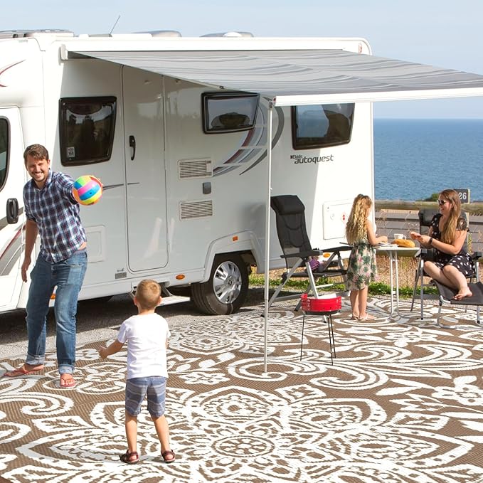 Findosom Waterproof Outdoor Rug 9' x 12' - Reversible Mandala Outdoor Plastic Straw Rug, Durable Foldable Patio Rug for RV, Deck, Balcony, Backyard, Picnic, Porch, Camping, Beach, Brown
