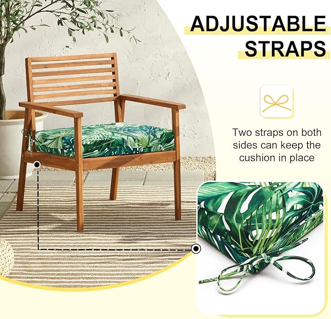 downluxe Outdoor Chair Cushions Set of 4 for Patio Furniture, Water-Resistant Square Corner Patio Chair Cushions with Ties, High Density Foam Outdoor Seat Cushion, 18.5" X 16" X 3", Palm Leaves