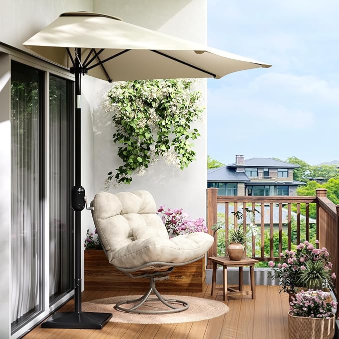 Garvee Patio Umbrella 9FT - Half Umbrella Outdoor with Smooth Crank Lift, Outdoor Shade Canopy for Patio, Backyard, Garden, Deck, Balcony -Beige