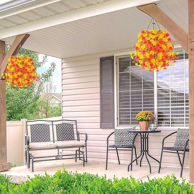 2PCS Artificial Hanging Flowers Outdoors Fake mums Plants Garden Home Decoration Fall Decor Morning Glory for Outside Planter Front Porch Patio Indoor Home Wedding Garden Porch Window Decoration