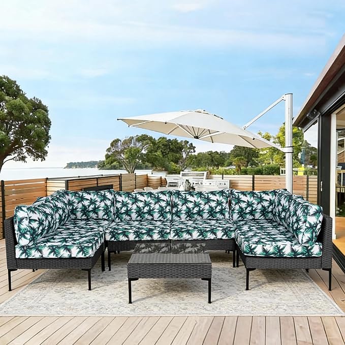 Patio Furniture Cushions,14Pieces Water-Resistant Outdoor Replacement Cushions,Sectional Sofa Cushions for Fits 6-Seats Rattan Wicker Patio Conversation Sets(Palm Leaves)