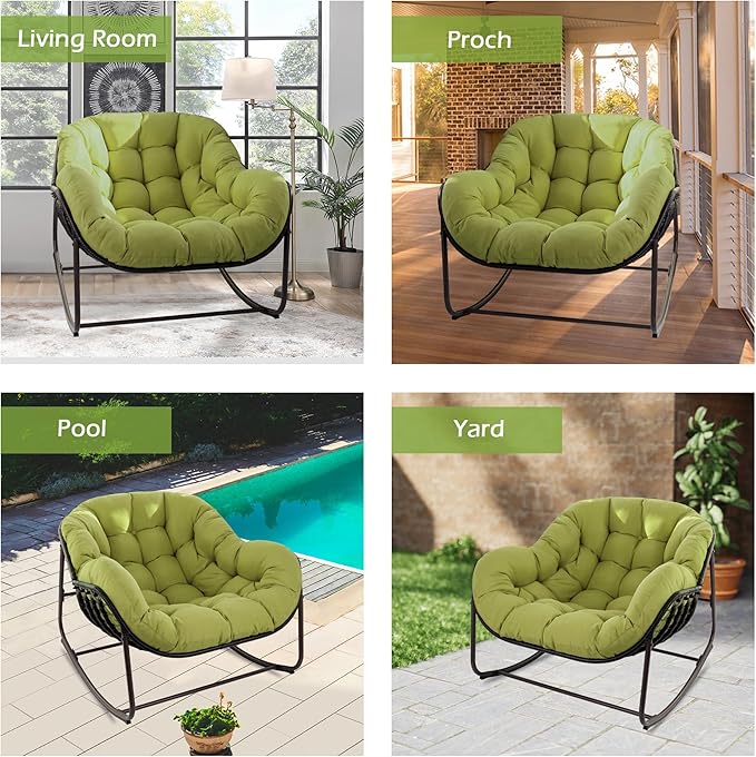 Papasan Rocking Chair, Oversized Papasan Chair with Cushion and Frame for Indoor& Outdoor, Deep Seat Egg-Shaped Rocker Chair for Garden, Deck, Living Room, Green